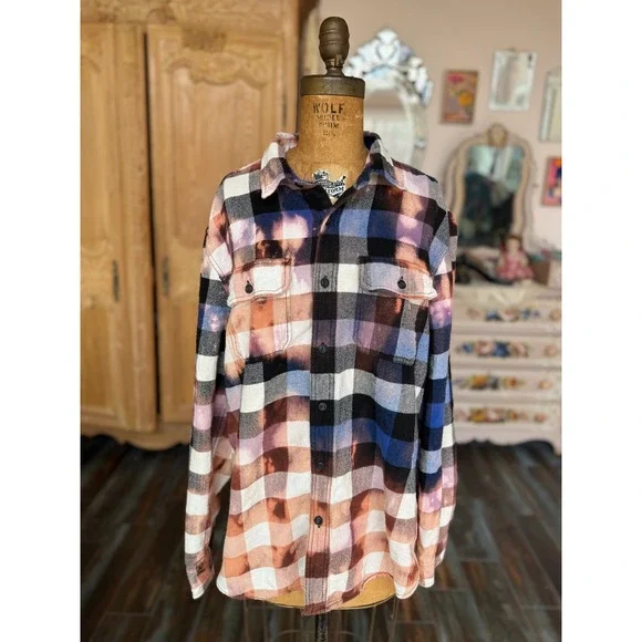 Distressed Upcycled Grunge Flannel Bleach Dye Jinx Patch Folk Art Shirt XL - Picture 7 of 7